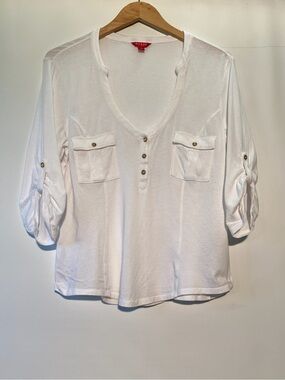 Guess White V-Neck Button Front Pocket top